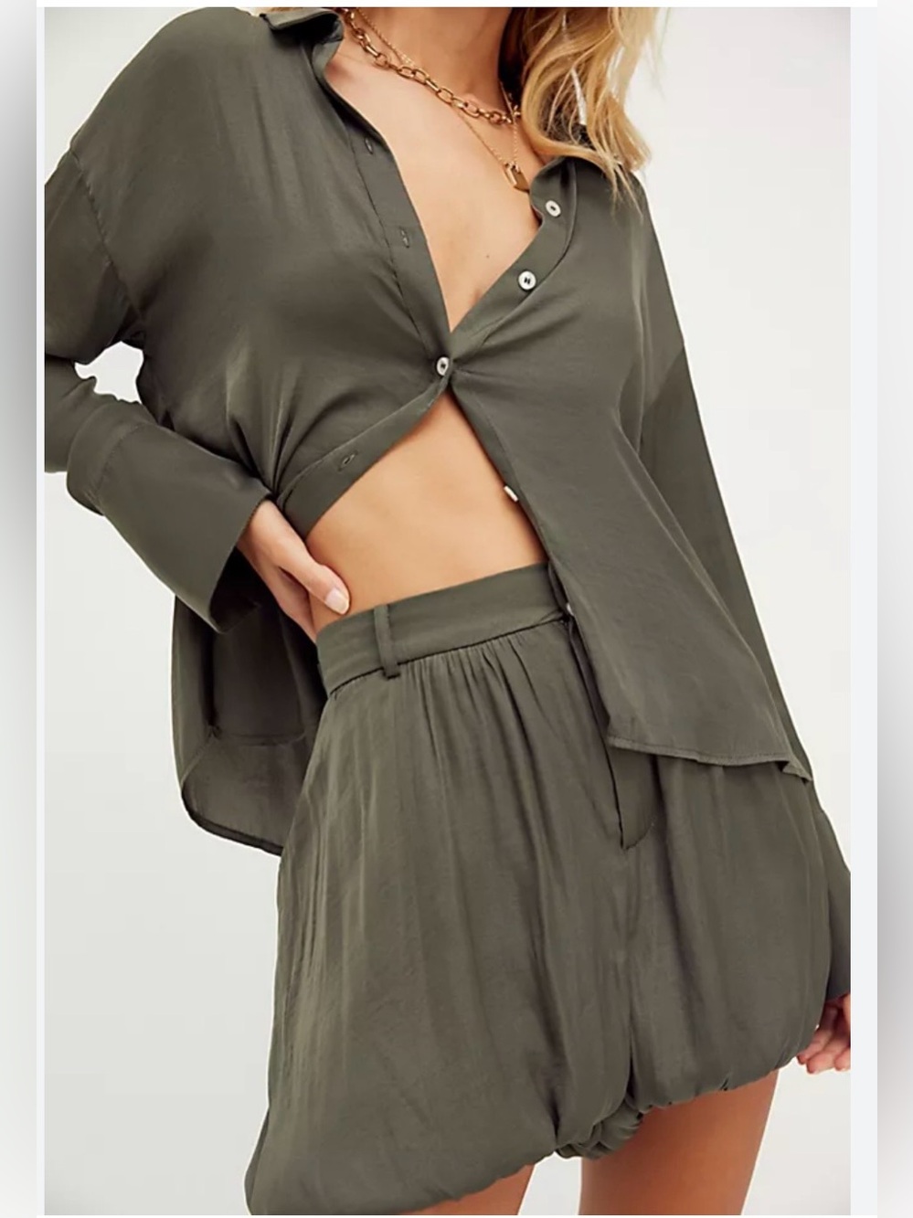 Free People Olive Green Relaxed Bubble Hem Shorts - Picture 4 of 16